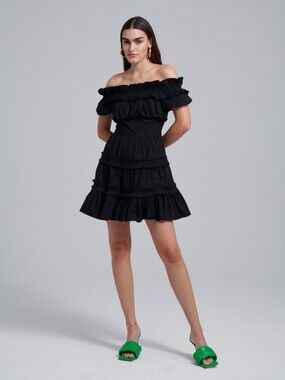 Anthropologie Love the Label Rosaline Ruffle Dress Black Off The Shoulder Size S